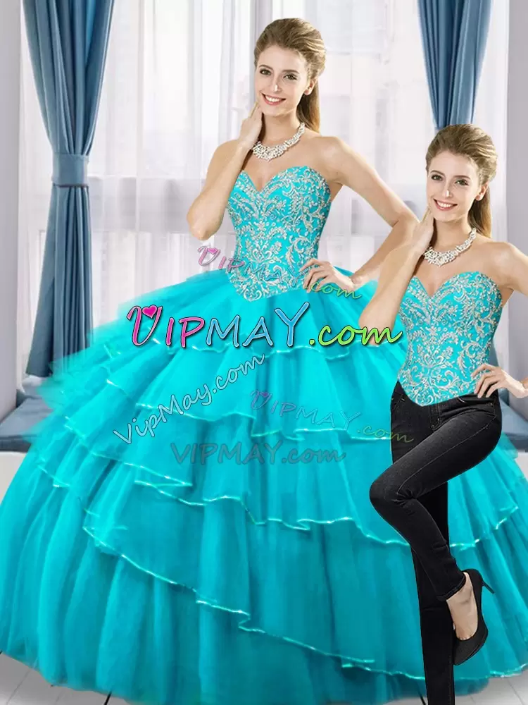 Beading and Ruffled Layers Ball Gown Prom Dress Aqua Blue Lace Up Sleeveless Floor Length