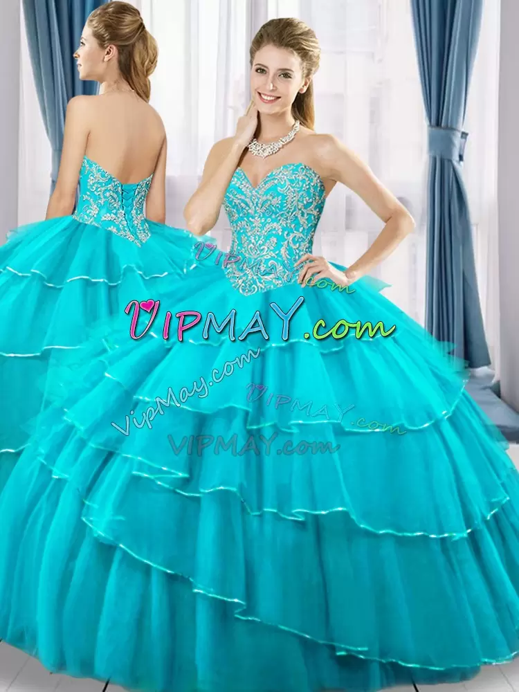 Beading and Ruffled Layers Ball Gown Prom Dress Aqua Blue Lace Up Sleeveless Floor Length