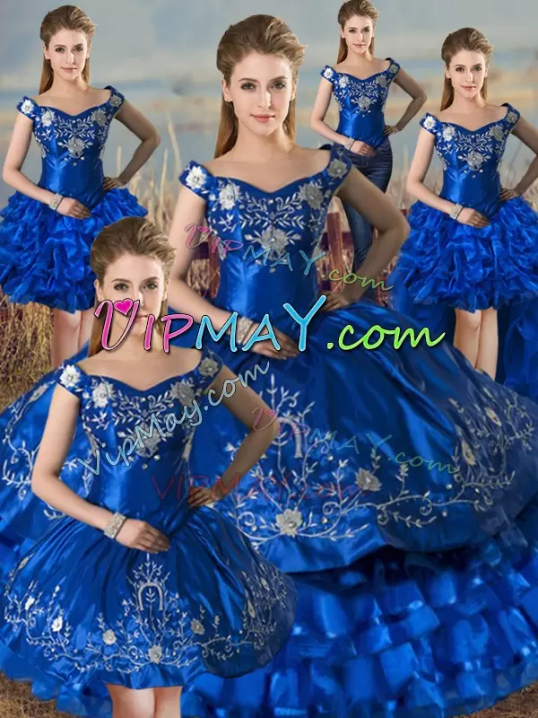 Sleeveless Off The Shoulder Lace Up Floor Length Embroidery and Ruffled Layers Quinceanera Gown Off The Shoulder