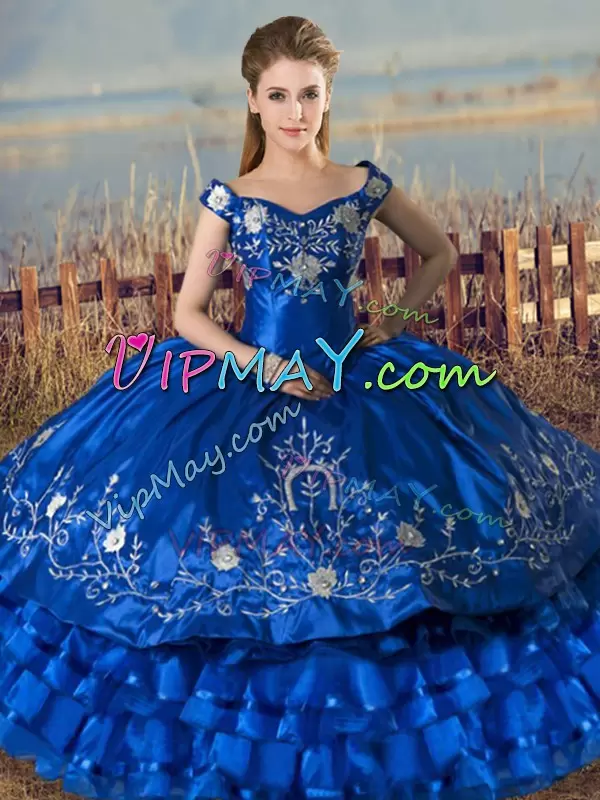 Sleeveless Off The Shoulder Lace Up Floor Length Embroidery and Ruffled Layers Quinceanera Gown Off The Shoulder