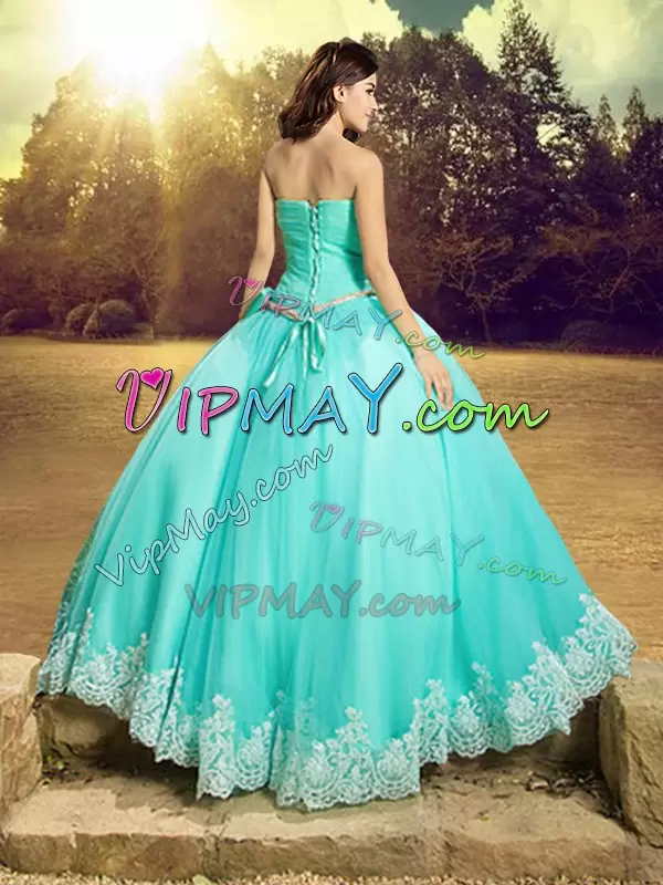 Tulle Strapless Sleeveless Lace Up Beading and Lace and Bowknot Quinceanera Gowns in Apple Green