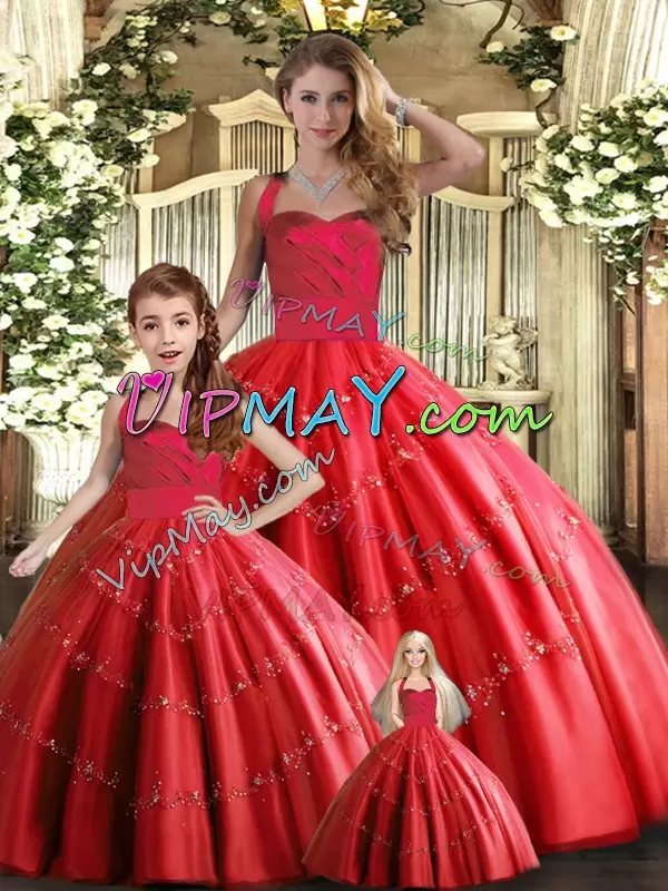 Modern Red Lace Up Halter Top Appliques Quinceanera Dress Tulle Sleeveless