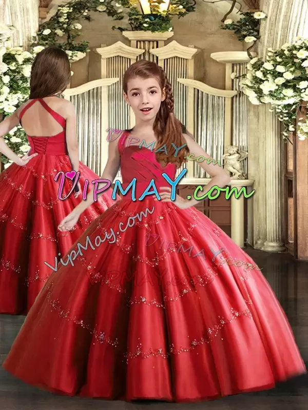 Modern Red Lace Up Halter Top Appliques Quinceanera Dress Tulle Sleeveless