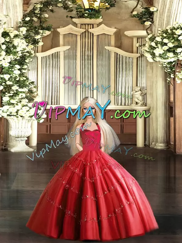 Modern Red Lace Up Halter Top Appliques Quinceanera Dress Tulle Sleeveless