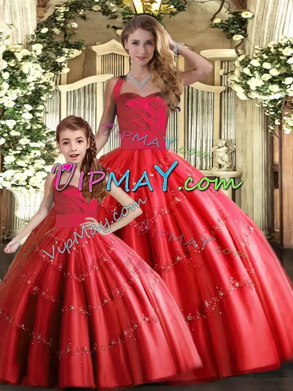 Modern Red Lace Up Halter Top Appliques Quinceanera Dress Tulle Sleeveless