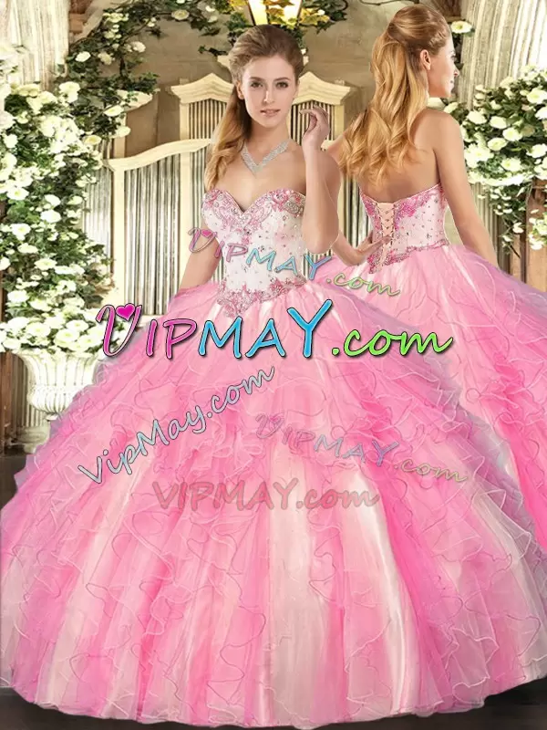 Fashion Rose Pink Ball Gowns Sweetheart Sleeveless Tulle Floor Length Lace Up Beading and Ruffles 15th Birthday Dress