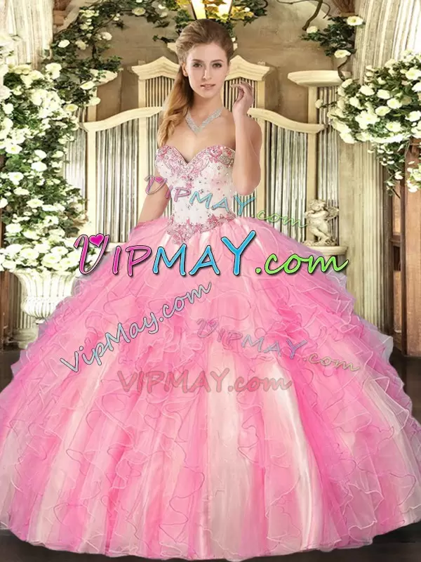 Fashion Rose Pink Ball Gowns Sweetheart Sleeveless Tulle Floor Length Lace Up Beading and Ruffles 15th Birthday Dress