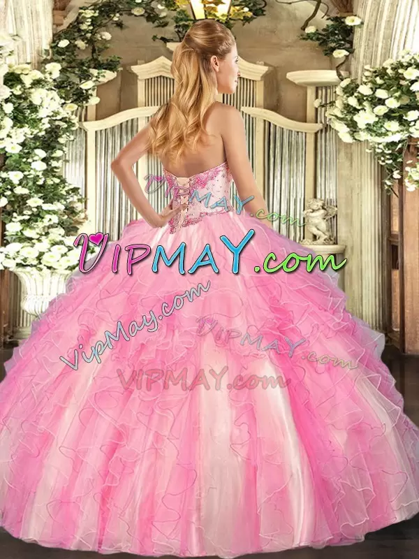 Fashion Rose Pink Ball Gowns Sweetheart Sleeveless Tulle Floor Length Lace Up Beading and Ruffles 15th Birthday Dress