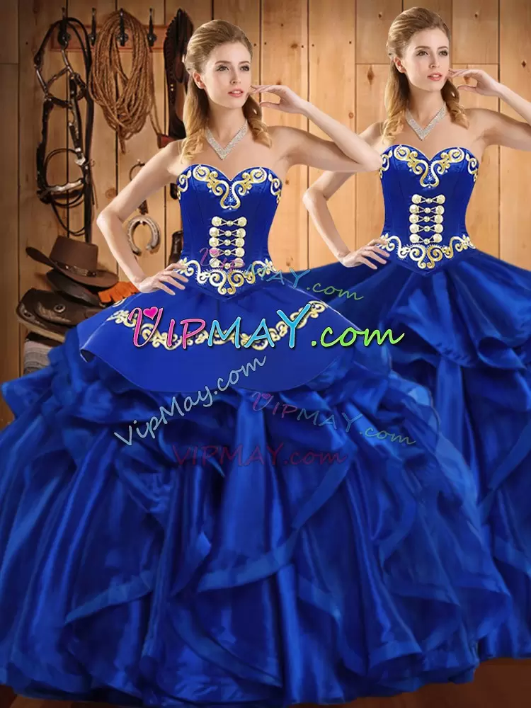 Royal Blue Sleeveless Organza Lace Up Sweet 16 Dress for Military Ball and Sweet 16 and Quinceanera