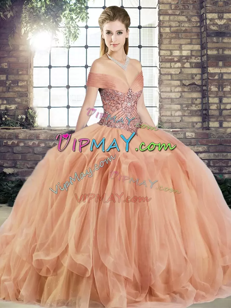 Inexpensive Peach Lace Up Quince Ball Gowns Beading and Ruffles Sleeveless Floor Length