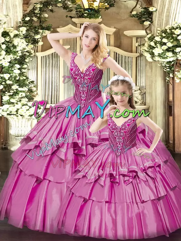 Deluxe Ball Gowns Sweet 16 Quinceanera Dress Fuchsia V-neck Organza Sleeveless Floor Length Lace Up