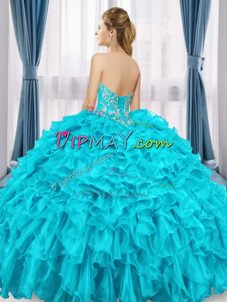 On Sale Aqua Blue Sweetheart Lace Up Beading and Ruffles and Pick Ups Quinceanera Gowns Sleeveless