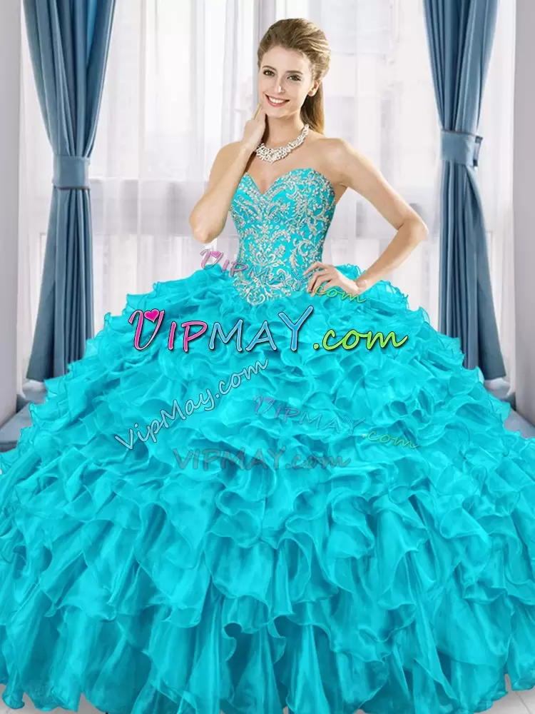 On Sale Aqua Blue Sweetheart Lace Up Beading and Ruffles and Pick Ups Quinceanera Gowns Sleeveless