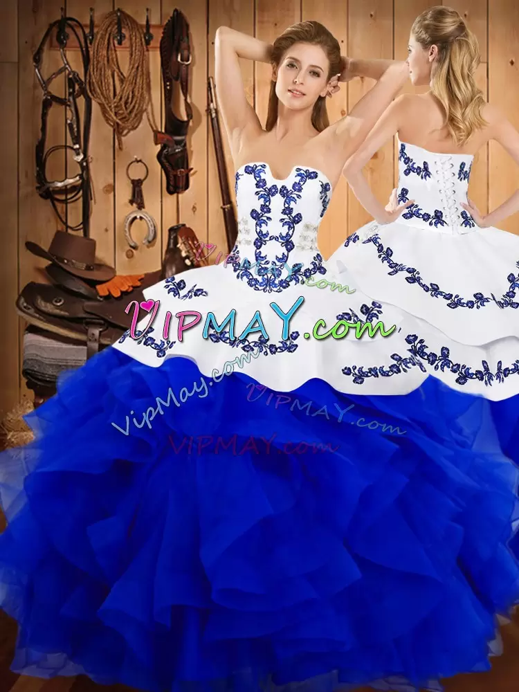 Customized Blue Ball Gowns Satin and Organza Strapless Sleeveless Embroidery and Ruffles Floor Length Lace Up Quinceanera Gowns