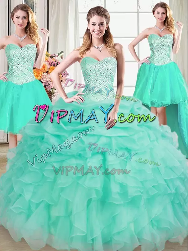 Top Selling Apple Green Ball Gowns Organza Sweetheart Sleeveless Beading and Ruffles and Pick Ups Floor Length Lace Up Sweet 16 Dress