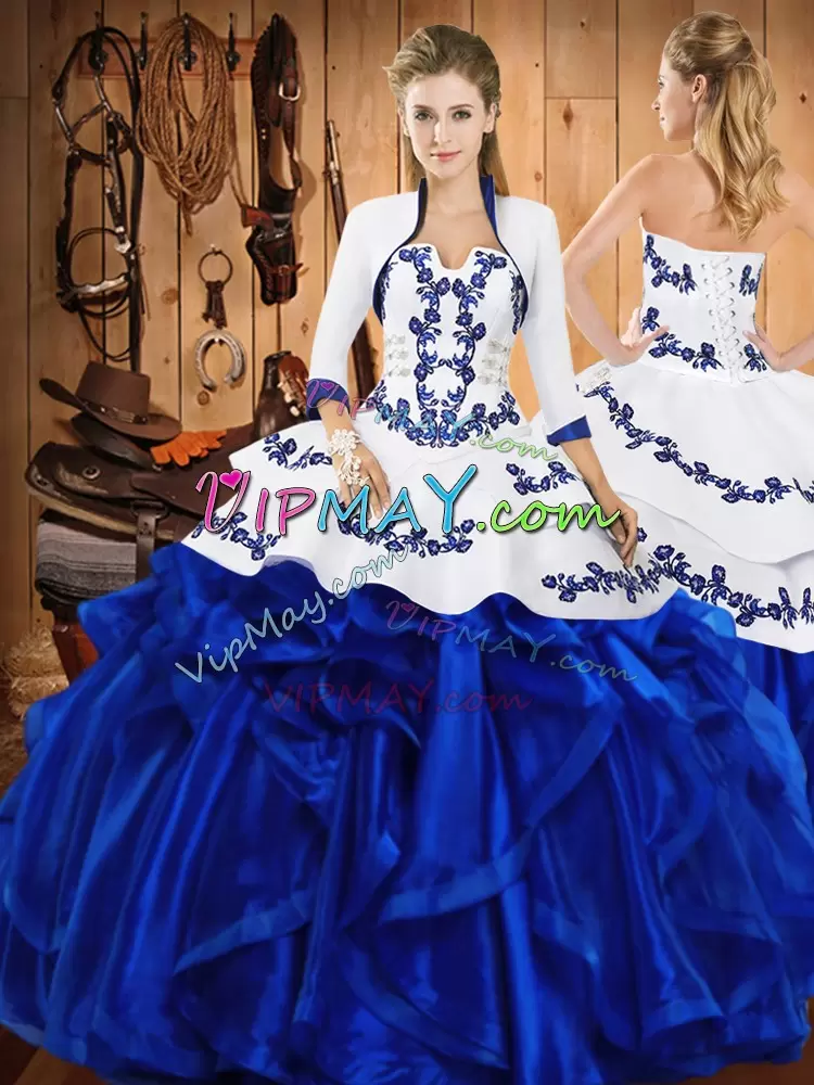 Spectacular Blue Sleeveless Satin and Organza Lace Up 15th Birthday Dress for Military Ball and Sweet 16 and Quinceanera
