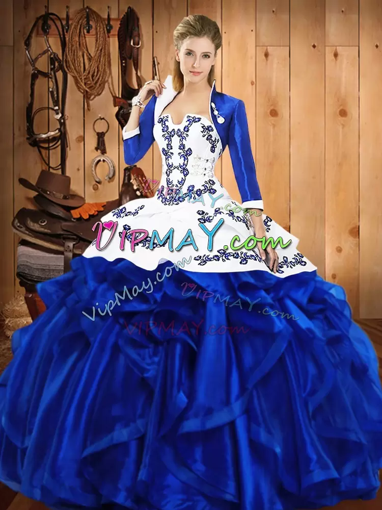 Spectacular Blue Sleeveless Satin and Organza Lace Up 15th Birthday Dress for Military Ball and Sweet 16 and Quinceanera