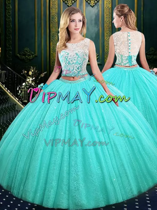 Romantic Blue Scoop Lace Up Lace and Sequins Vestidos de Quinceanera Sleeveless