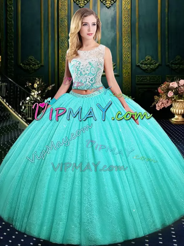 Romantic Blue Scoop Lace Up Lace and Sequins Vestidos de Quinceanera Sleeveless