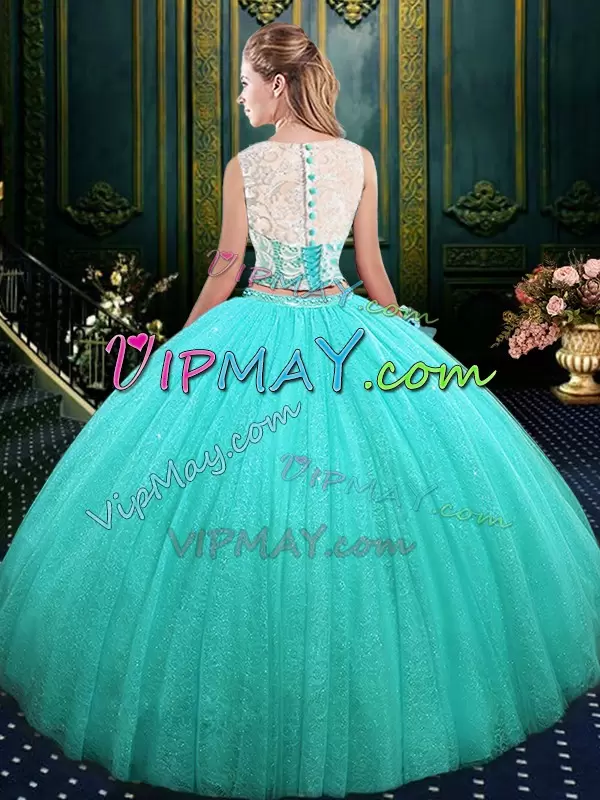 Romantic Blue Scoop Lace Up Lace and Sequins Vestidos de Quinceanera Sleeveless