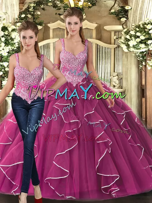 Beading and Ruffles 15 Quinceanera Dress Fuchsia Lace Up Sleeveless Floor Length