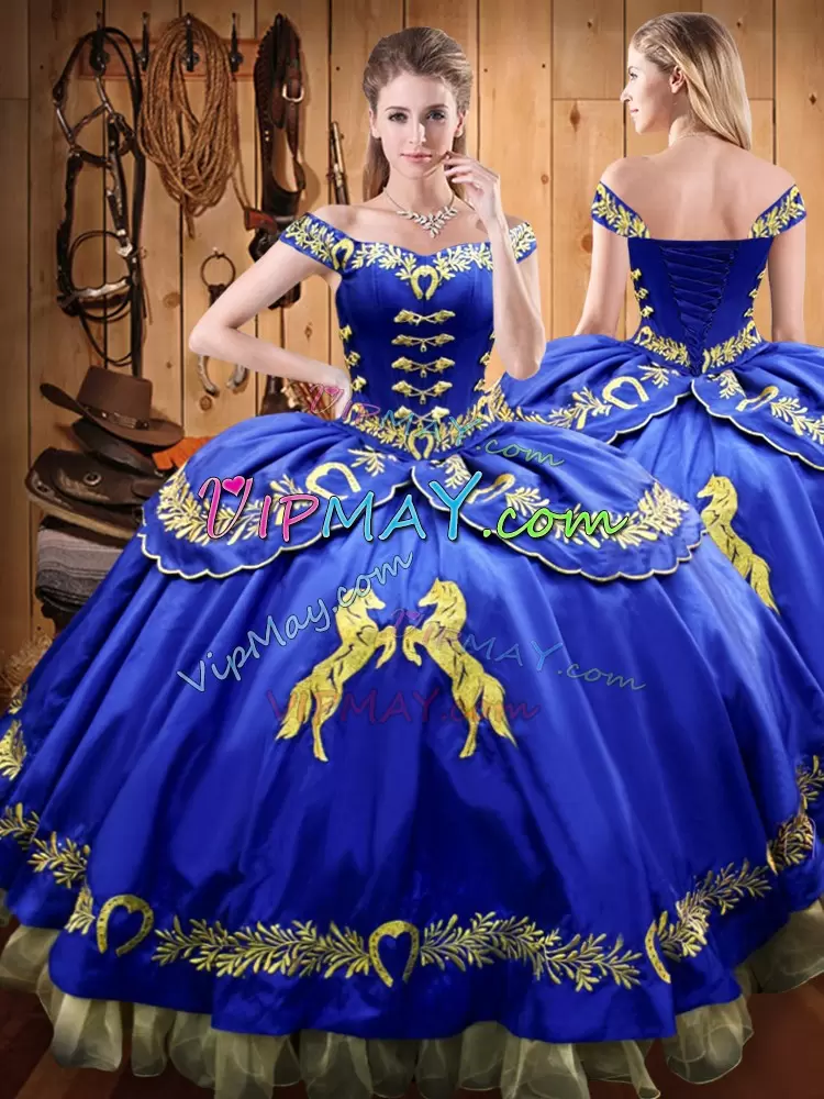 Satin and Organza Off The Shoulder Sleeveless Lace Up Embroidery 15th Birthday Dress in Royal Blue