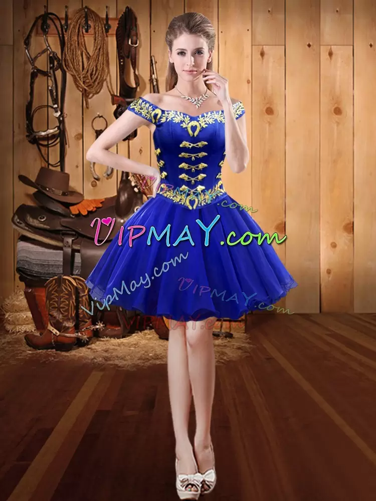 Satin and Organza Off The Shoulder Sleeveless Lace Up Embroidery 15th Birthday Dress in Royal Blue