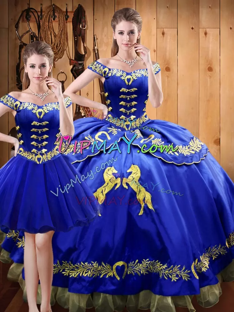 Satin and Organza Off The Shoulder Sleeveless Lace Up Embroidery 15th Birthday Dress in Royal Blue