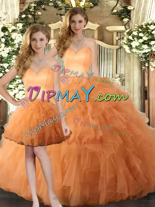 Attractive Orange Lace Up Quinceanera Dress Ruffles Sleeveless Floor Length