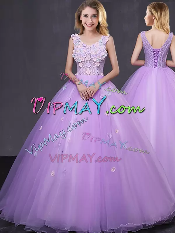 Sumptuous Floor Length Lace Up Sweet 16 Quinceanera Dress Lavender for Military Ball and Sweet 16 and Quinceanera with Lace and Appliques