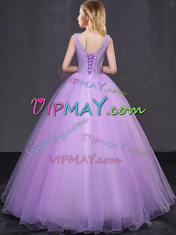 Sumptuous Floor Length Lace Up Sweet 16 Quinceanera Dress Lavender for Military Ball and Sweet 16 and Quinceanera with Lace and Appliques