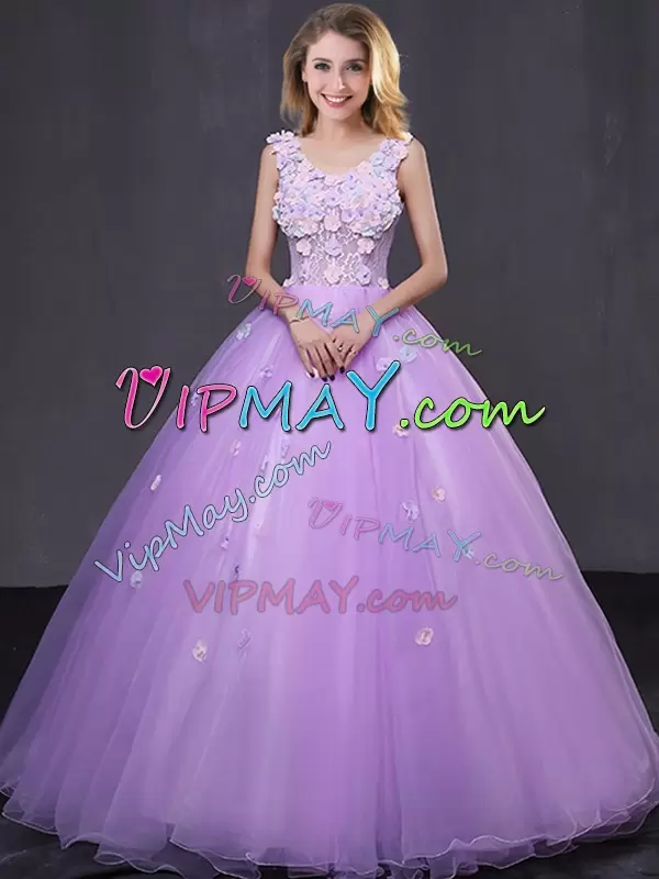 Sumptuous Floor Length Lace Up Sweet 16 Quinceanera Dress Lavender for Military Ball and Sweet 16 and Quinceanera with Lace and Appliques