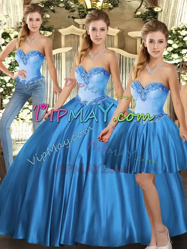 Floor Length Three Pieces Sleeveless Baby Blue Vestidos de Quinceanera Lace Up