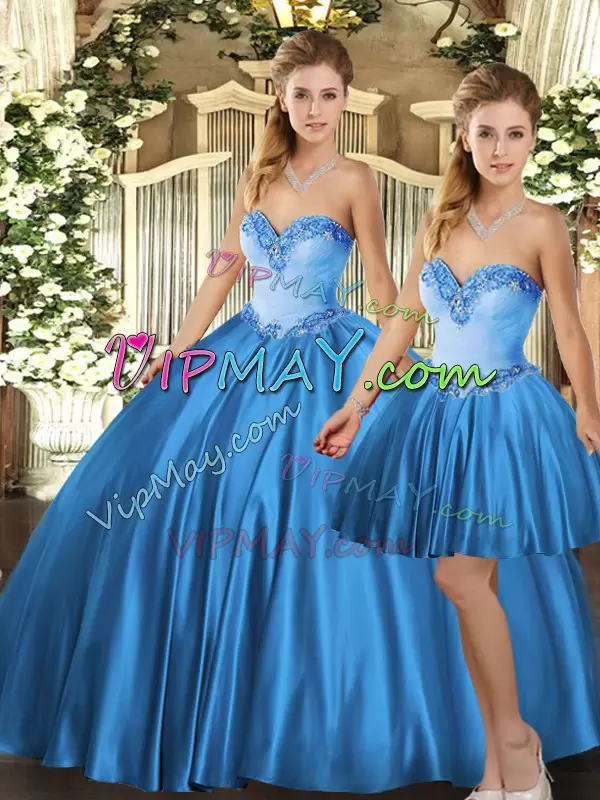 Floor Length Three Pieces Sleeveless Baby Blue Vestidos de Quinceanera Lace Up