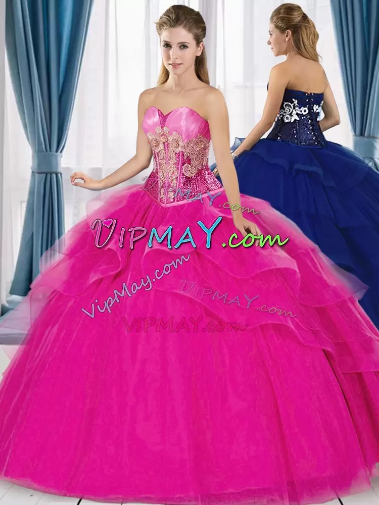 Admirable Fuchsia Ball Gowns Tulle Sweetheart Sleeveless Beading and Appliques Floor Length Lace Up 15th Birthday Dress