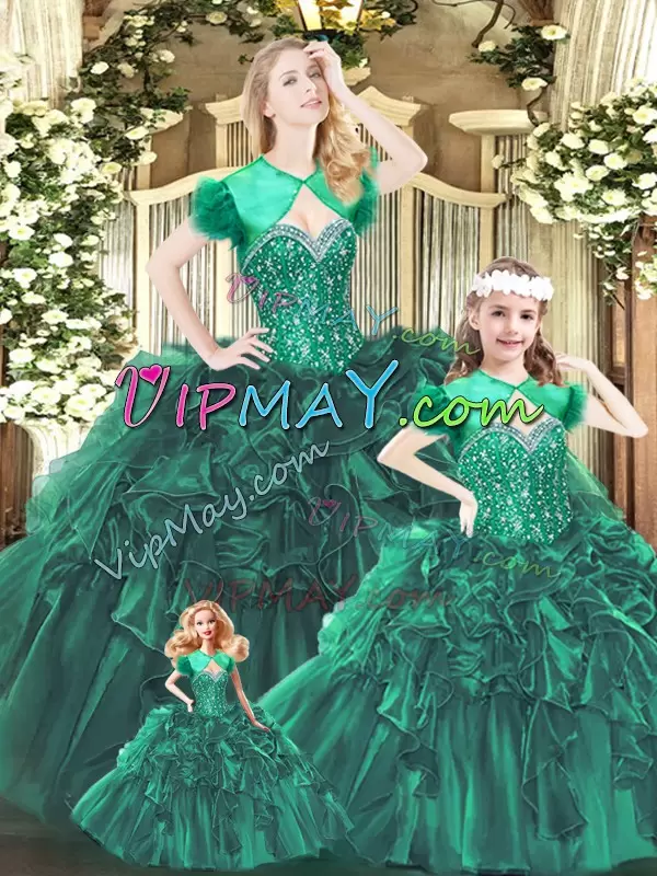 Green Organza Lace Up Sweetheart Sleeveless Floor Length Sweet 16 Dresses Beading and Ruffles