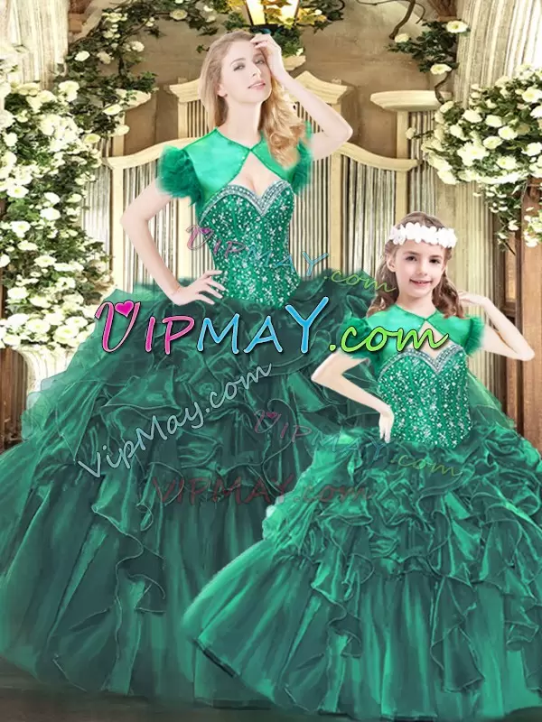 Green Organza Lace Up Sweetheart Sleeveless Floor Length Sweet 16 Dresses Beading and Ruffles