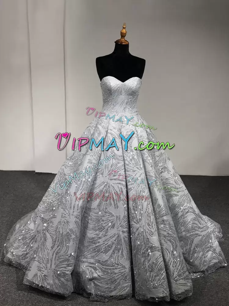 Custom Fit Sequins Quinceanera Dress Silver Lace Up Sleeveless Floor Length