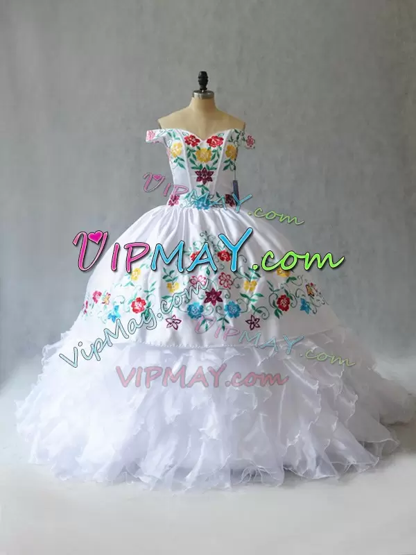 Off the Shoulder White Quinceanera Dress Colorful Floral Embroidery