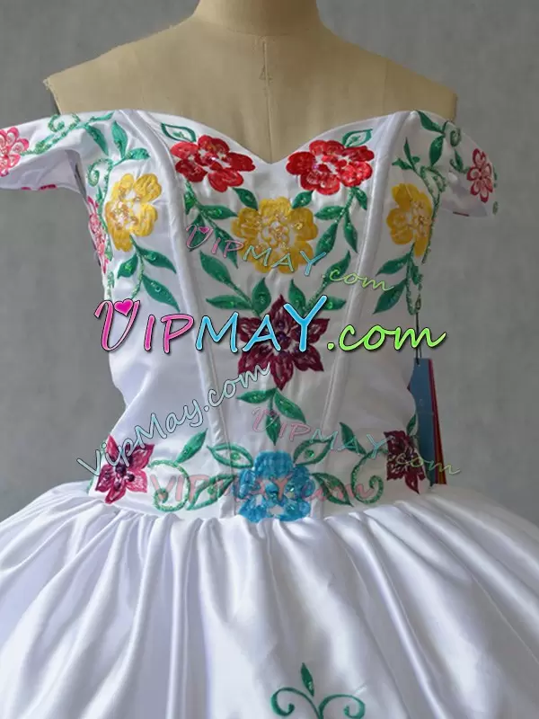 Off the Shoulder White Quinceanera Dress Colorful Floral Embroidery