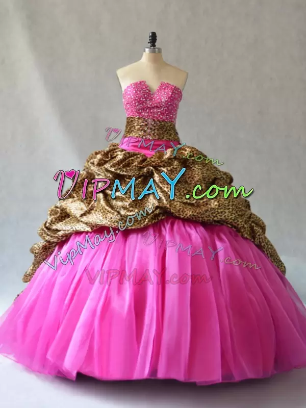 Top Selling Hot Pink Quinceanera Gown Sweet 16 and Quinceanera with Beading and Pick Ups V-neck Sleeveless Brush Train Lace Up