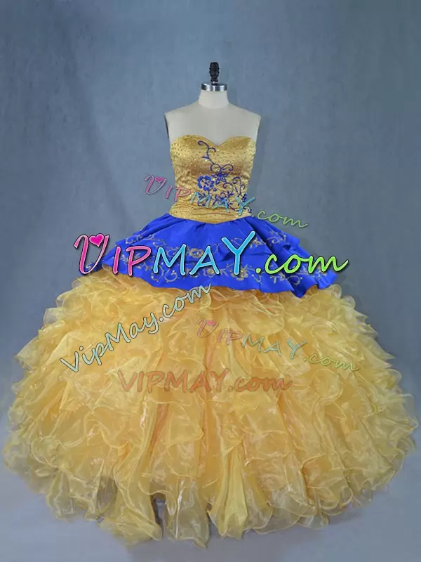 High Class Sleeveless Organza Brush Train Lace Up Quinceanera Dress in Gold with Embroidery and Ruffles