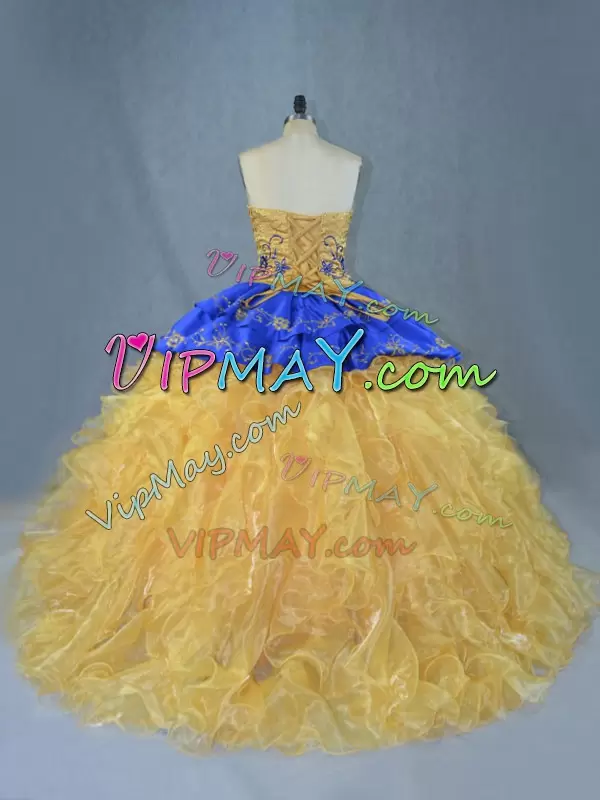 High Class Sleeveless Organza Brush Train Lace Up Quinceanera Dress in Gold with Embroidery and Ruffles