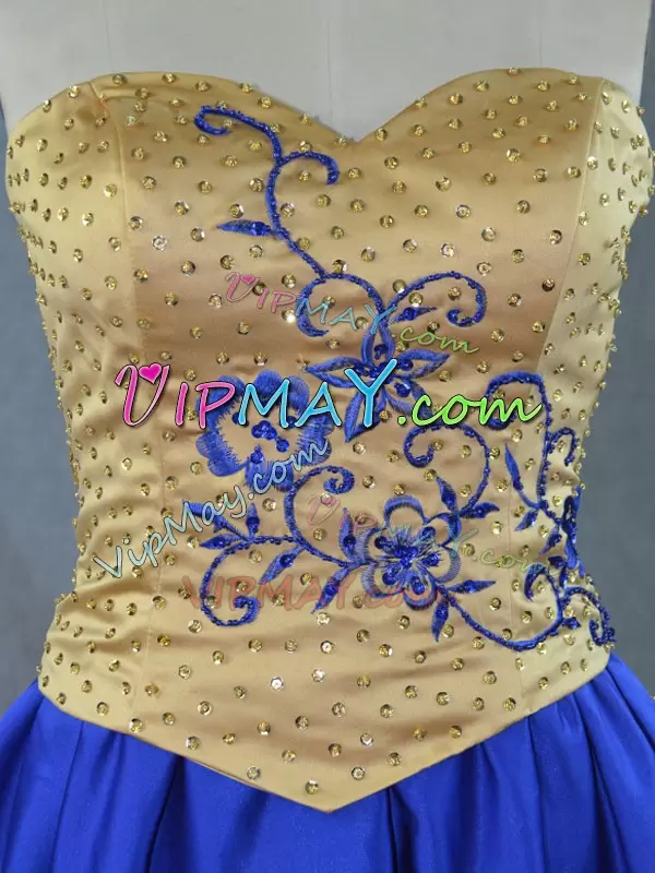 High Class Sleeveless Organza Brush Train Lace Up Quinceanera Dress in Gold with Embroidery and Ruffles