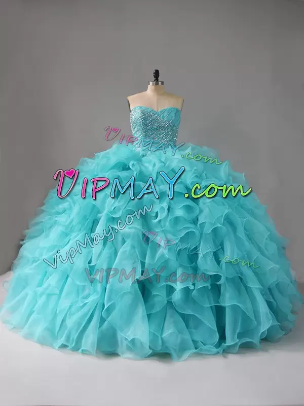 Organza Sweetheart Sleeveless Lace Up Beading and Ruffles Quinceanera Dresses in Aqua Blue