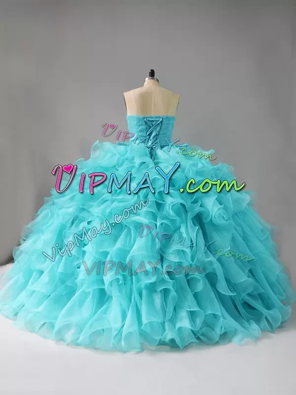 Organza Sweetheart Sleeveless Lace Up Beading and Ruffles Quinceanera Dresses in Aqua Blue