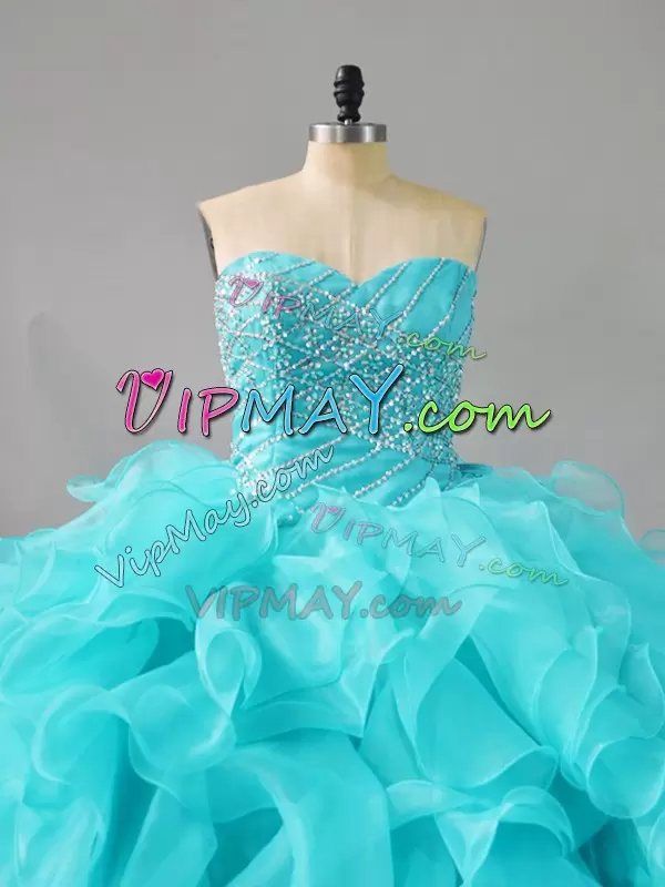 Organza Sweetheart Sleeveless Lace Up Beading and Ruffles Quinceanera Dresses in Aqua Blue