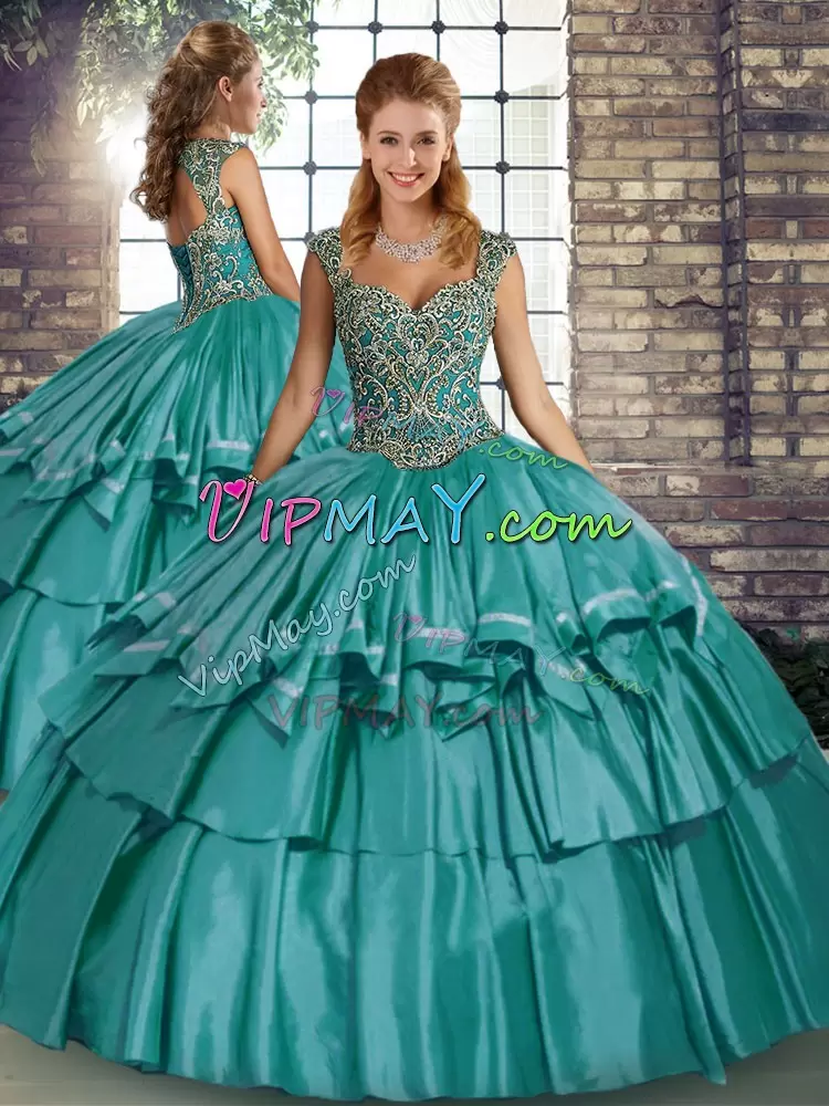 Teal Sleeveless Beading and Ruffled Layers Floor Length Quinceanera Dresses