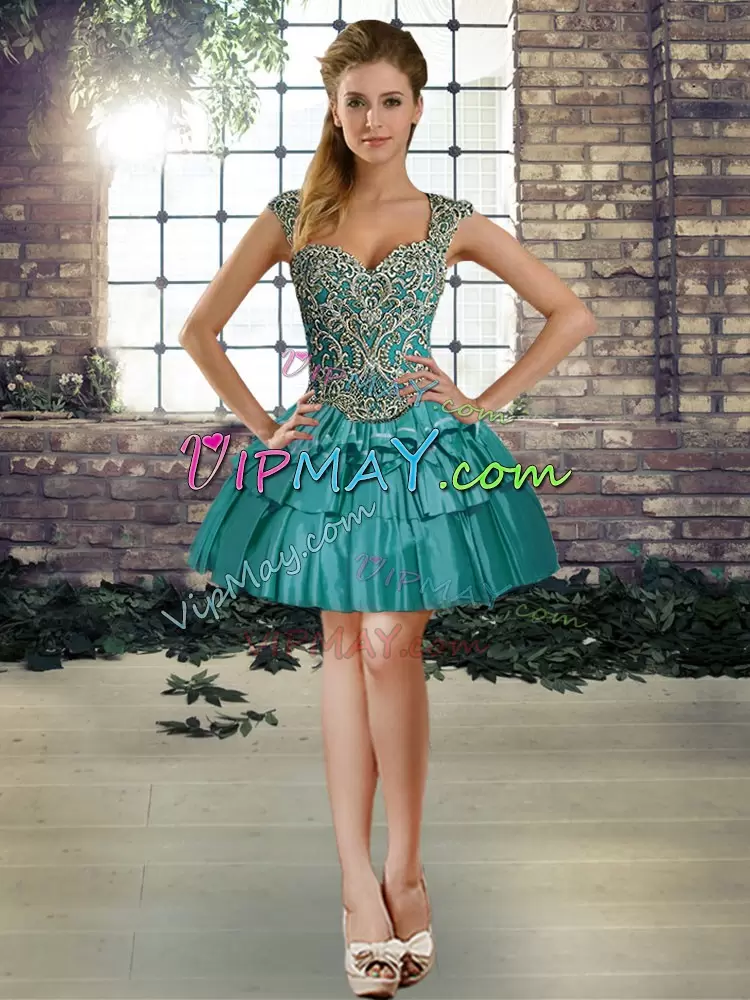 Teal Sleeveless Beading and Ruffled Layers Floor Length Quinceanera Dresses