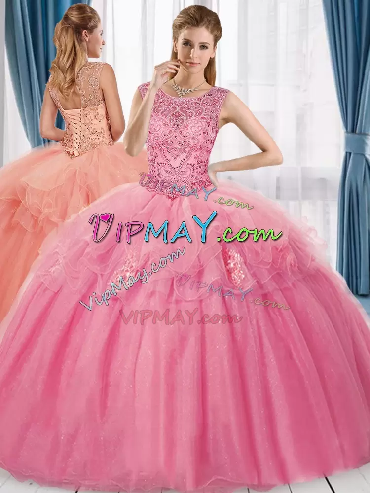 Adorable Rose Pink Ball Gowns Scoop Sleeveless Tulle Floor Length Lace Up Beading and Appliques Quinceanera Dresses